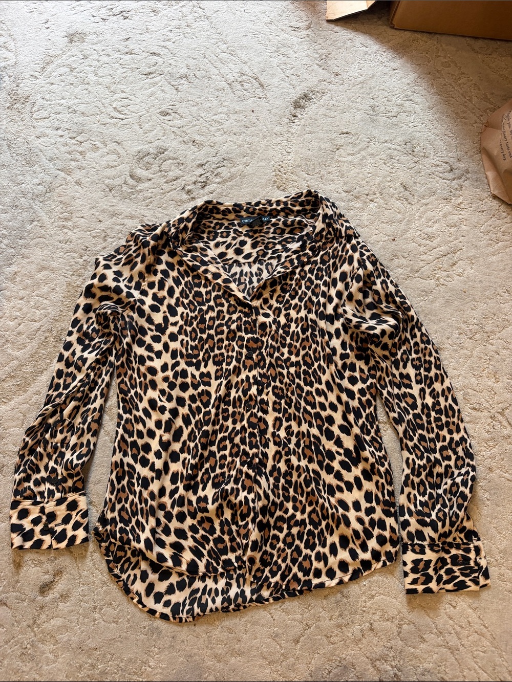 Cynthia Rowley Leopard Print Button-Down Top in Beige and Black